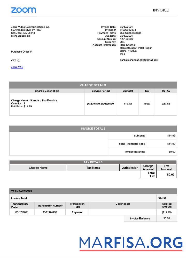 Blank USA Zoom invoice template